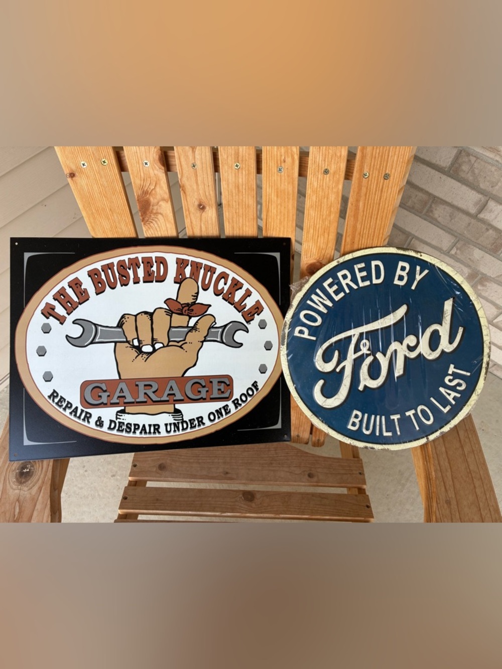 Vintage Garage & Ford Metal Signs - Blue, Black, Tan